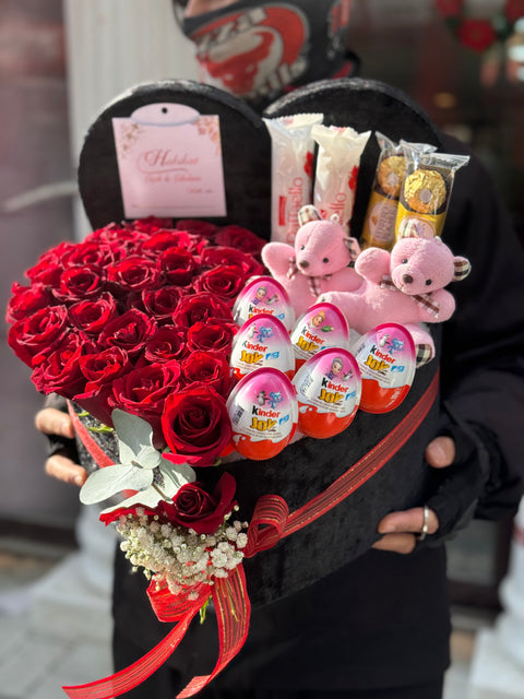 KALPLİ DEV LÜKS KUTU — GÜL, ÇİKOLATA, AYICIK VE BALON TASARIMI