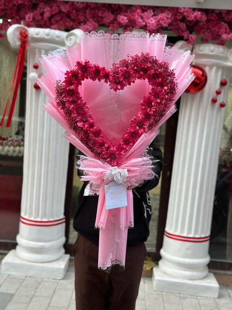 KALP ÖZEL TASARIM PEMBE PAPATYA BUKETİ - Aşkın en zarif hali