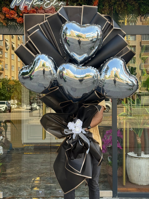 🖤 GÜMÜŞ KALP BALONLU LÜKS BUKET TASARIMI 🖤