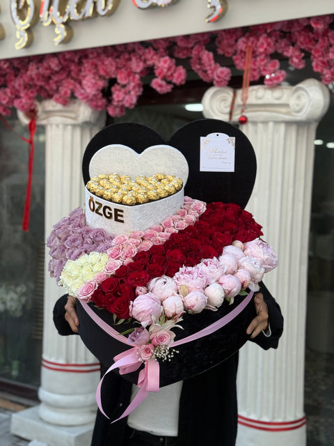 50 CM KADİFE - 25 cm üst kutu PREMİUM ŞAKAYIK, GÜL & ÇİKOLATA KOLEKSİYONU 🌸