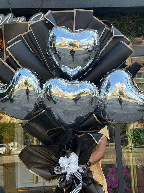 🖤 GÜMÜŞ KALP BALONLU LÜKS BUKET TASARIMI 🖤