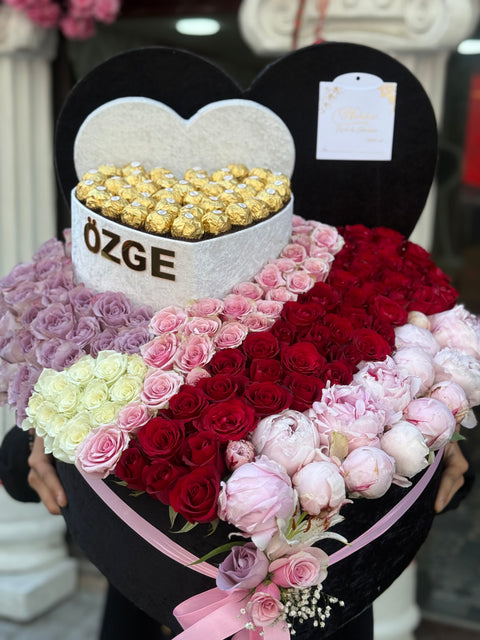50 CM KADİFE - 25 cm üst kutu PREMİUM ŞAKAYIK, GÜL & ÇİKOLATA KOLEKSİYONU 🌸