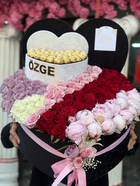 50 CM KADİFE - 25 cm üst kutu PREMİUM ŞAKAYIK, GÜL & ÇİKOLATA KOLEKSİYONU 🌸