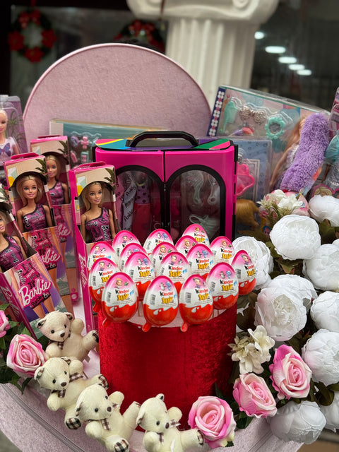 DEV KALPLİ LÜKS KUTU — BARBIE BEBEK, KINDER YUMURTA, AYICIK VE GÜL TASARIMI